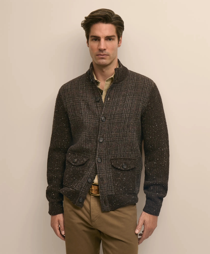 Merino Wool Donegal Glen Plaid Mock-Neck Button Cardigan, image 1