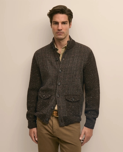 Merino Wool Donegal Glen Plaid Mock-Neck Button Cardigan, image 1