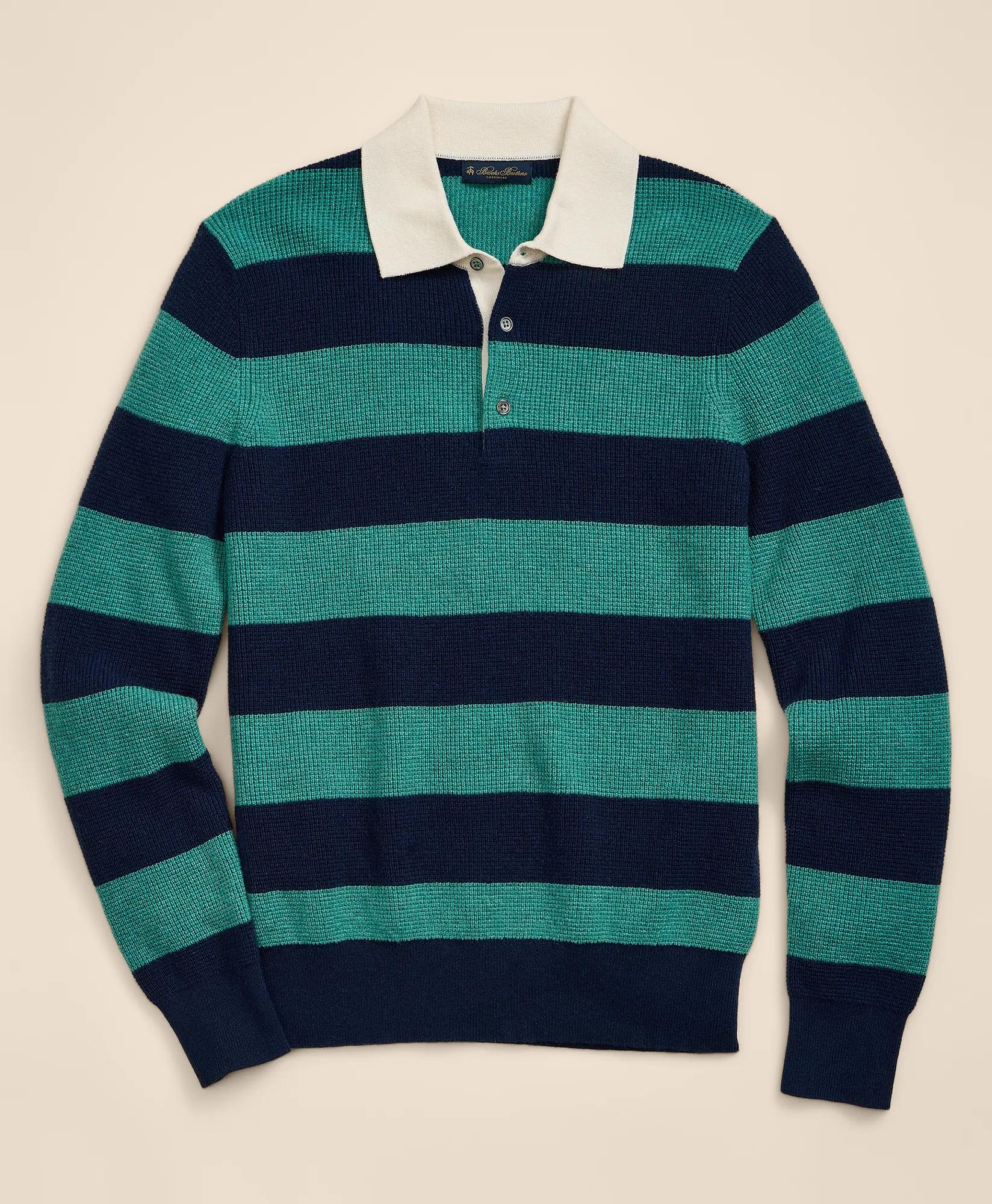 Cashmere Waffle-Stitch Rugby Sweater, image 1