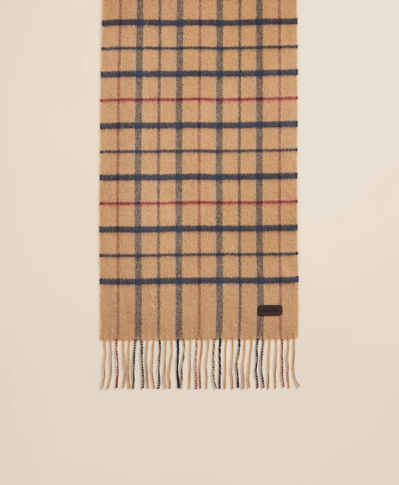 Plaid Camel Hair Windowpane Fringed Scarf, image 2