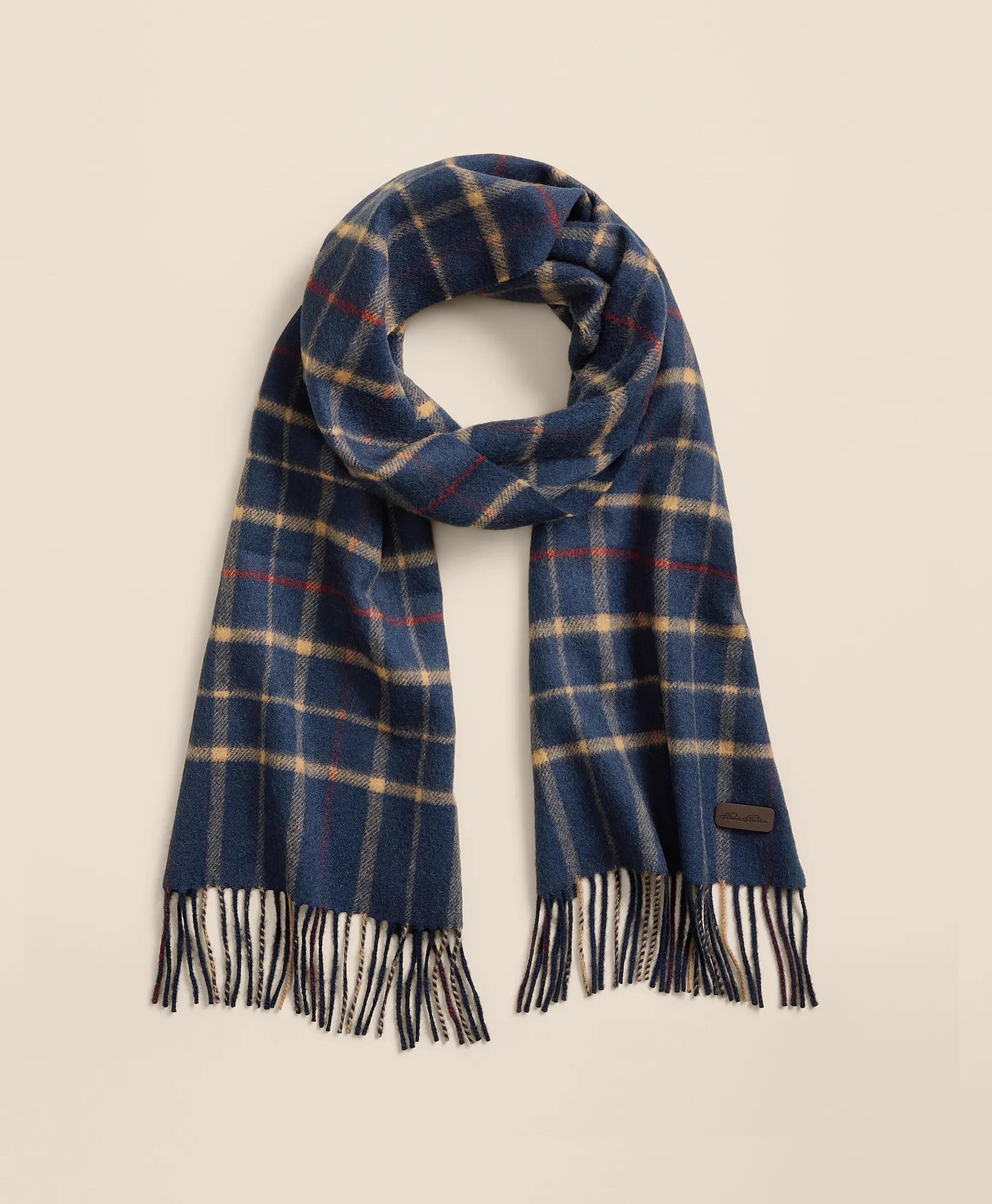 Plaid Camel Hair Windowpane Fringed Scarf, image 1