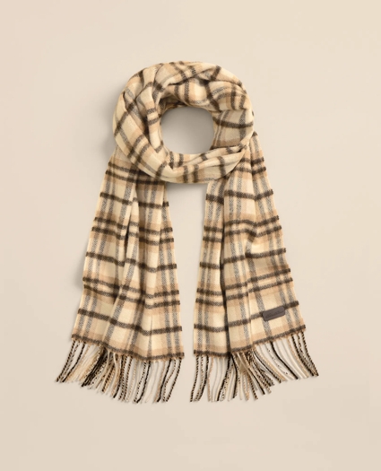 Plaid Camel Hair Windowpane Fringed Scarf, image 1