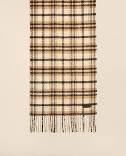 Plaid Camel Hair Windowpane Fringed Scarf, image 2