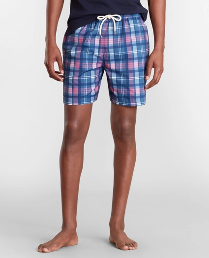 Montauk 6" Indigo Plaid Print Swim Trunks, image 1