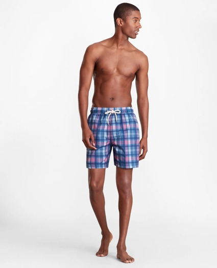 Montauk 6" Indigo Plaid Print Swim Trunks, image 2