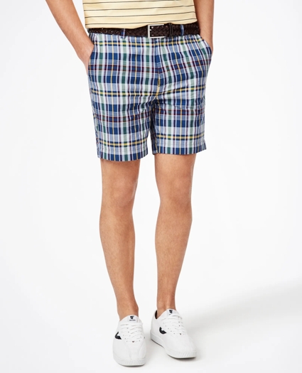 7" Navy-Multi Cotton Madras Shorts, image 1
