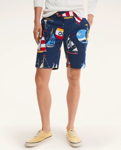 9" Stretch Cotton Sail Boat Print Shorts, image 1