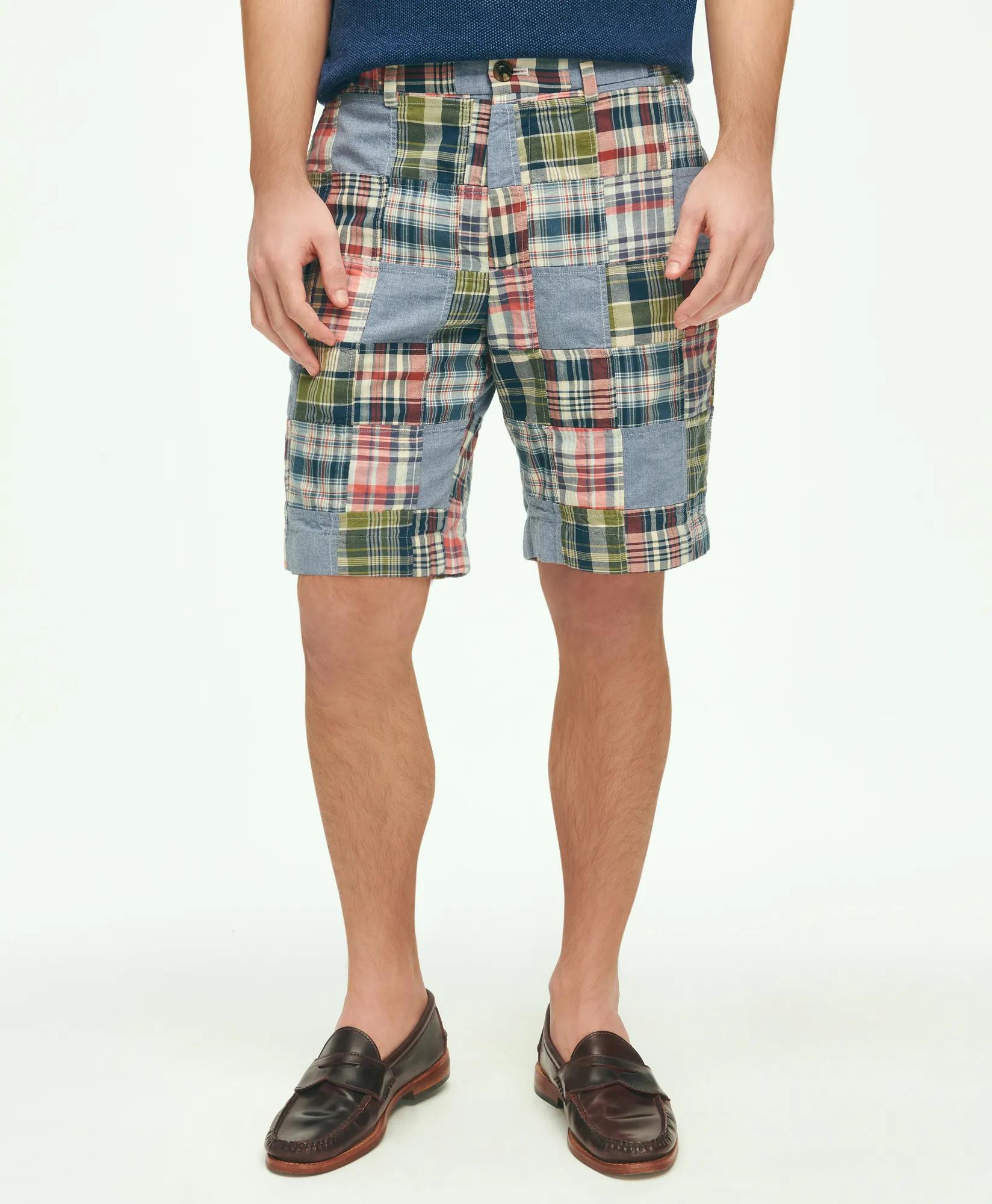 9" Cotton Madras Chambray Patchwork Shorts