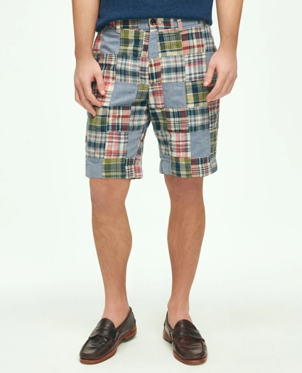 9" Cotton Madras Chambray Patchwork Shorts, image 1