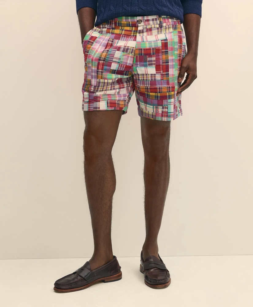 7" Cotton Patchwork Madras Shorts, image 3
