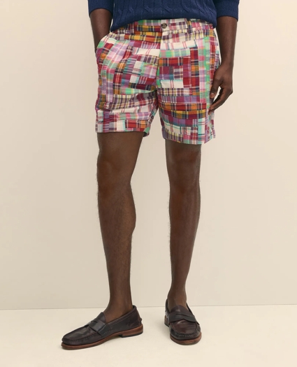 7" Cotton Patchwork Madras Shorts, image 3
