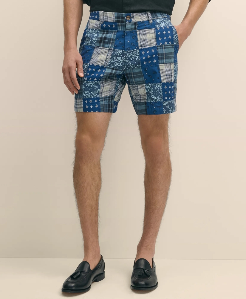 7" Cotton Patchwork Madras Shorts, image 2