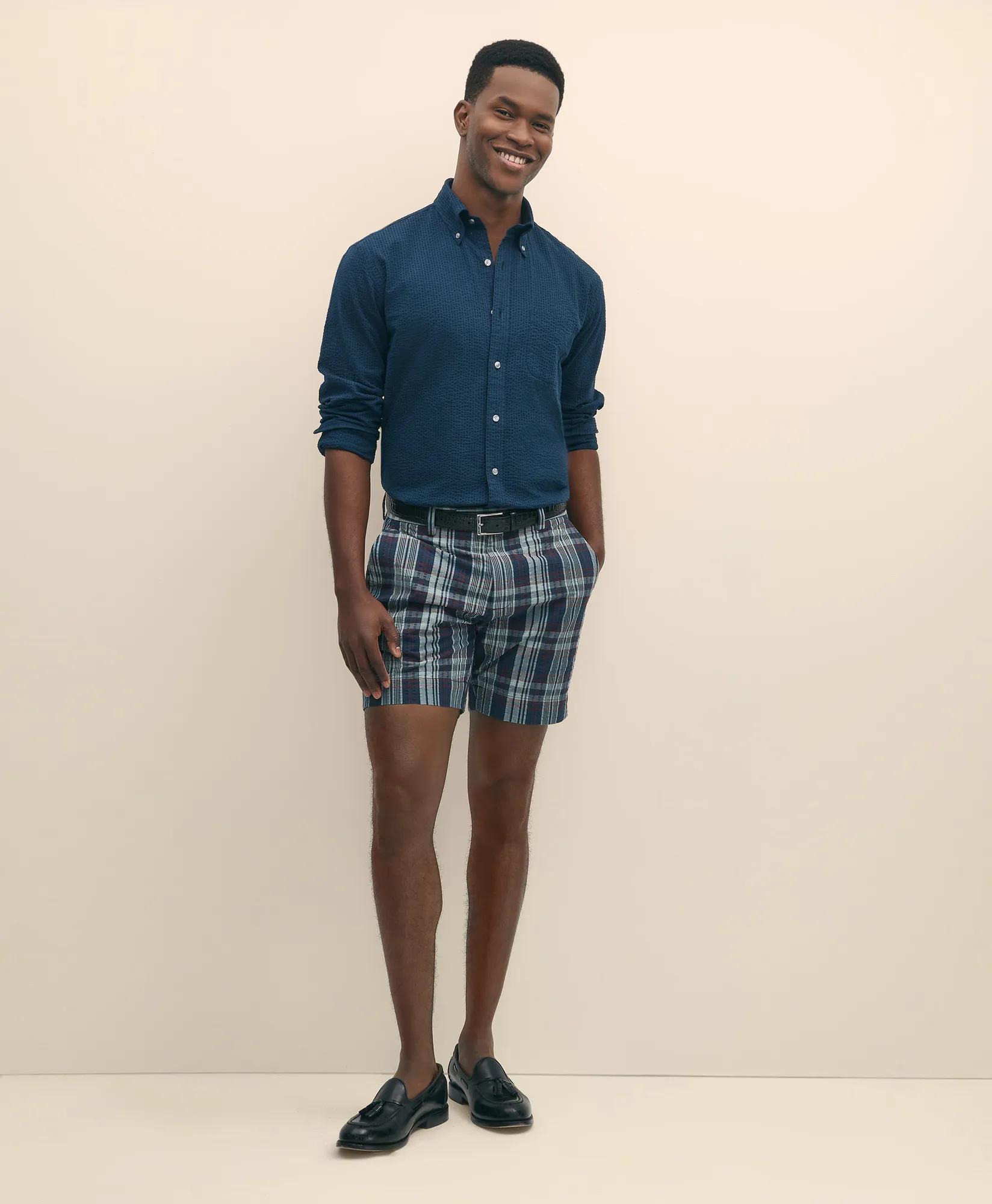 7" Cotton Seersucker Plaid Shorts