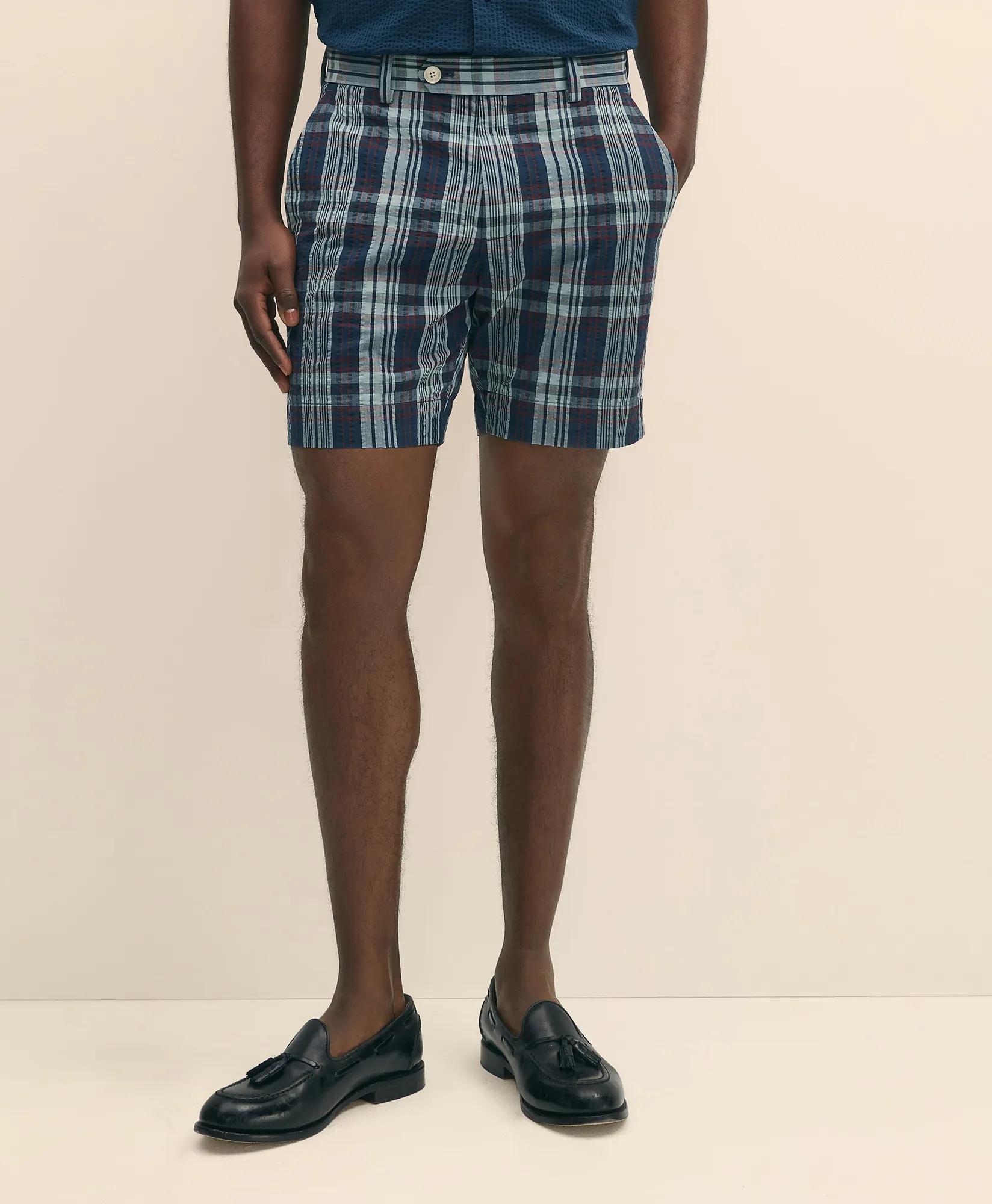 7" Cotton Seersucker Plaid Shorts