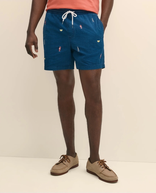 6" Cotton Seersucker Embroidered Lobster Motif Friday Shorts