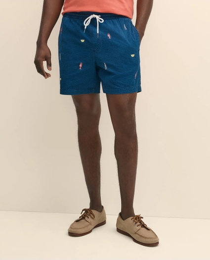 6" Cotton Seersucker Embroidered Lobster Motif Friday Shorts, image 2