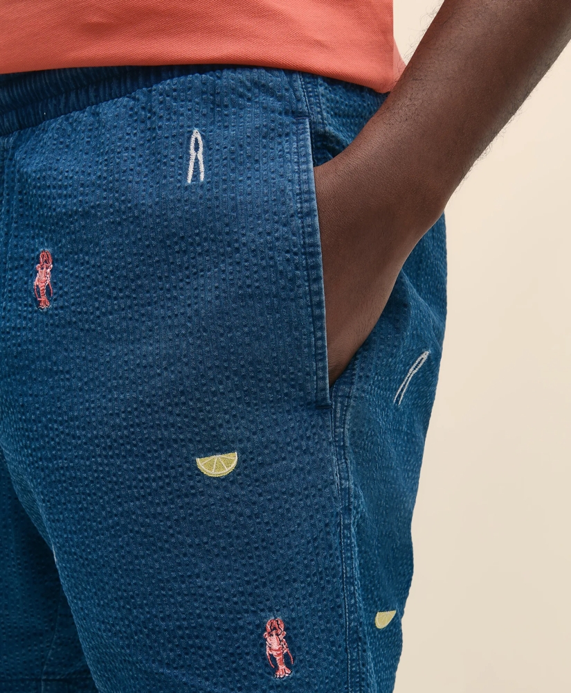 6" Cotton Seersucker Embroidered Lobster Motif Friday Shorts, image 4