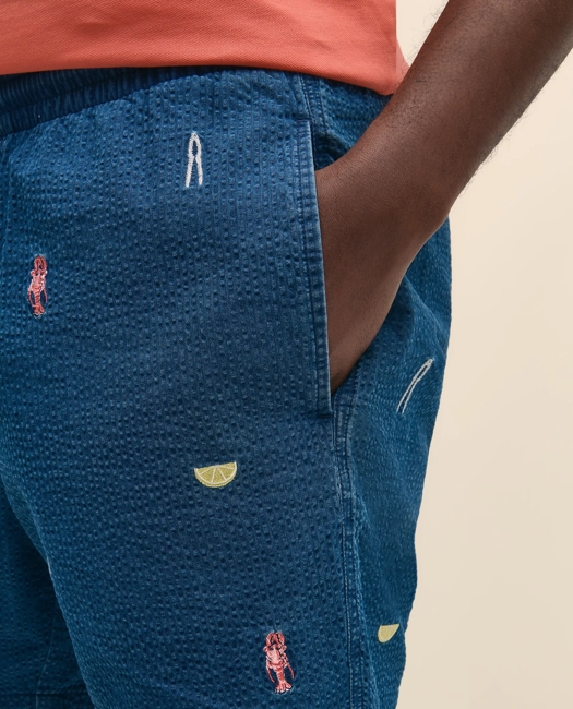 6" Cotton Seersucker Embroidered Lobster Motif Friday Shorts