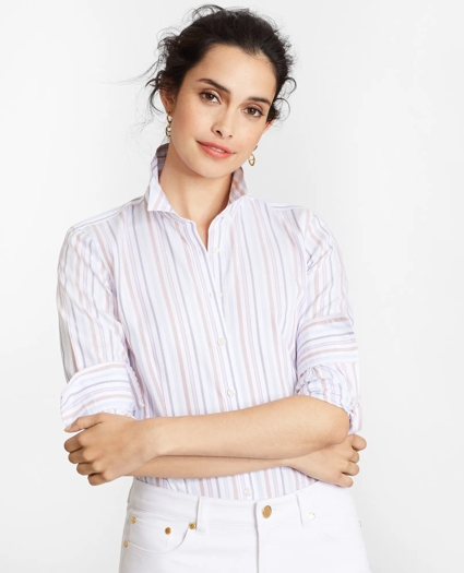 Petite Non-Iron Tailored-Fit Striped Supima® Cotton Dobby Shirt, image 1
