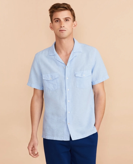 Garment-Dyed Linen-Cotton Camp Collar Short-Sleeve Shirt, image 3