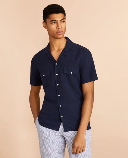 Garment-Dyed Linen-Cotton Camp Collar Short-Sleeve Shirt, image 2