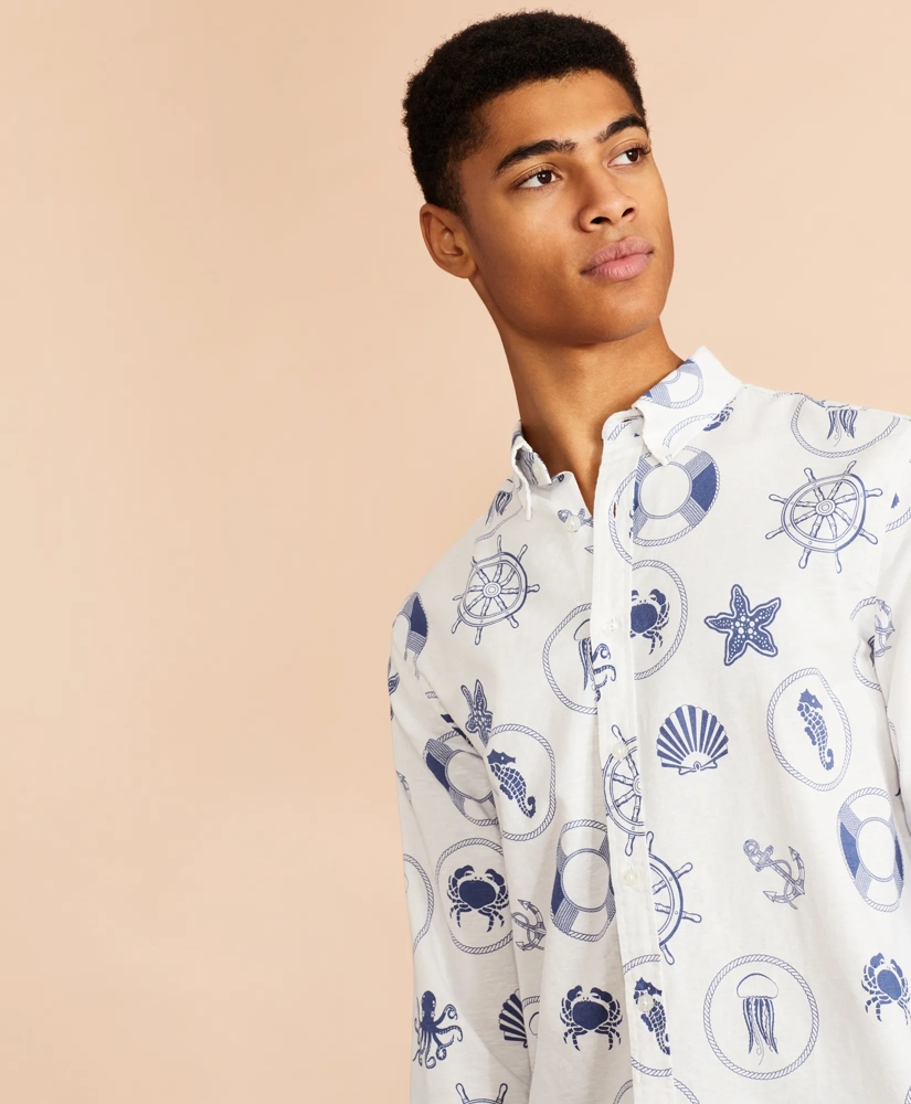 Marine Print Linen-Cotton Shirt, image 2