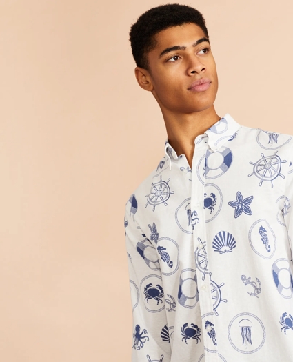 Marine Print Linen-Cotton Shirt, image 2