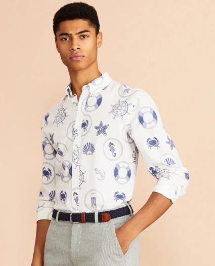 Marine Print Linen-Cotton Shirt, image 3