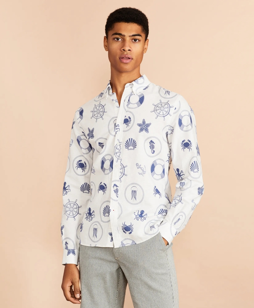 Marine Print Linen-Cotton Shirt, image 4