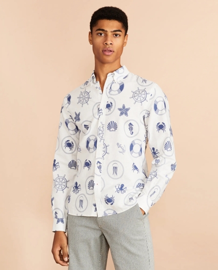 Marine Print Linen-Cotton Shirt, image 4