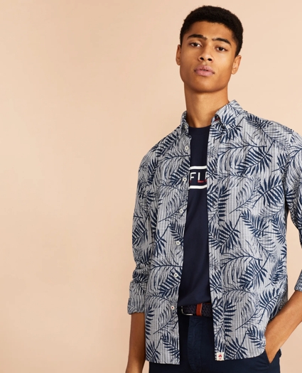 Indigo Striped Palm Print Shirt, image 1