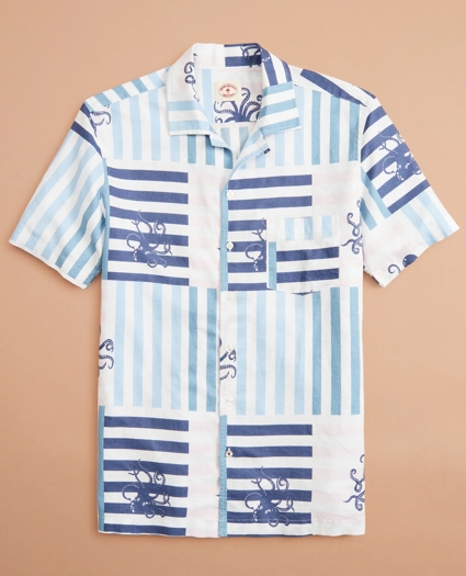 Octopus-Print Linen-Cotton Camp Collar Short-Sleeve Shirt, image 1