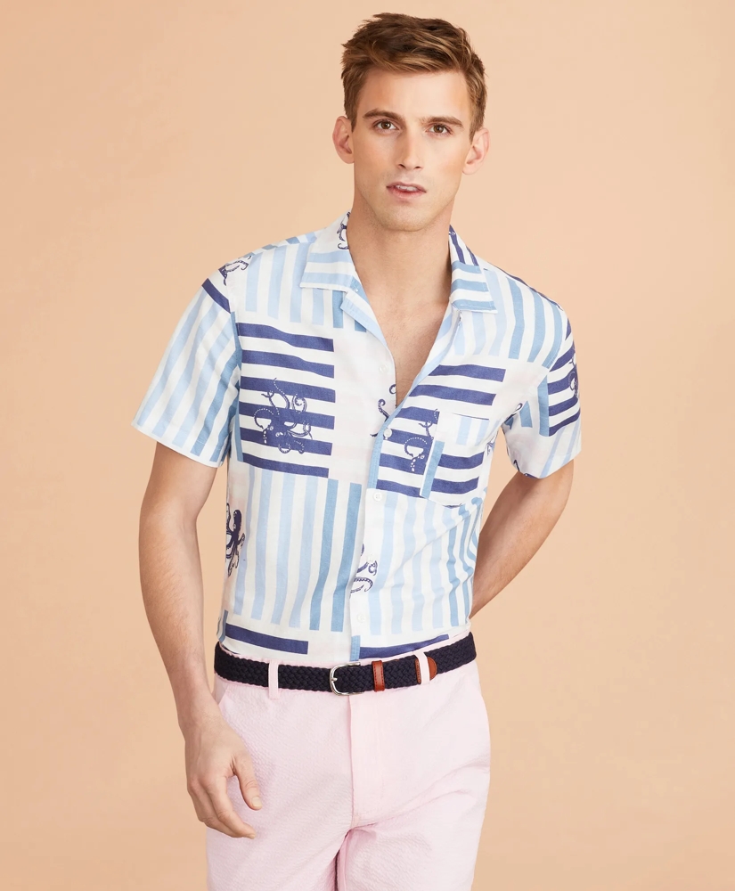 Octopus-Print Linen-Cotton Camp Collar Short-Sleeve Shirt, image 2