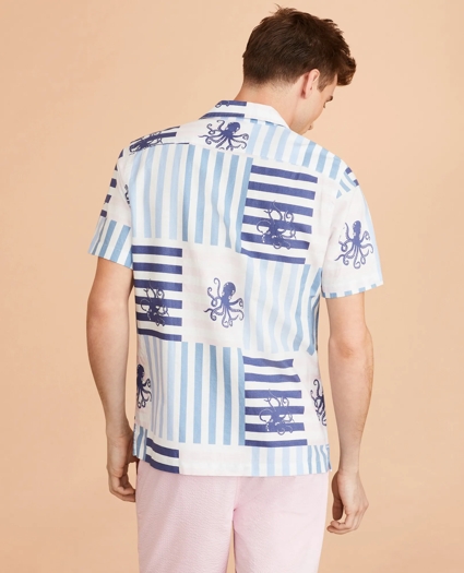 Octopus-Print Linen-Cotton Camp Collar Short-Sleeve Shirt, image 3