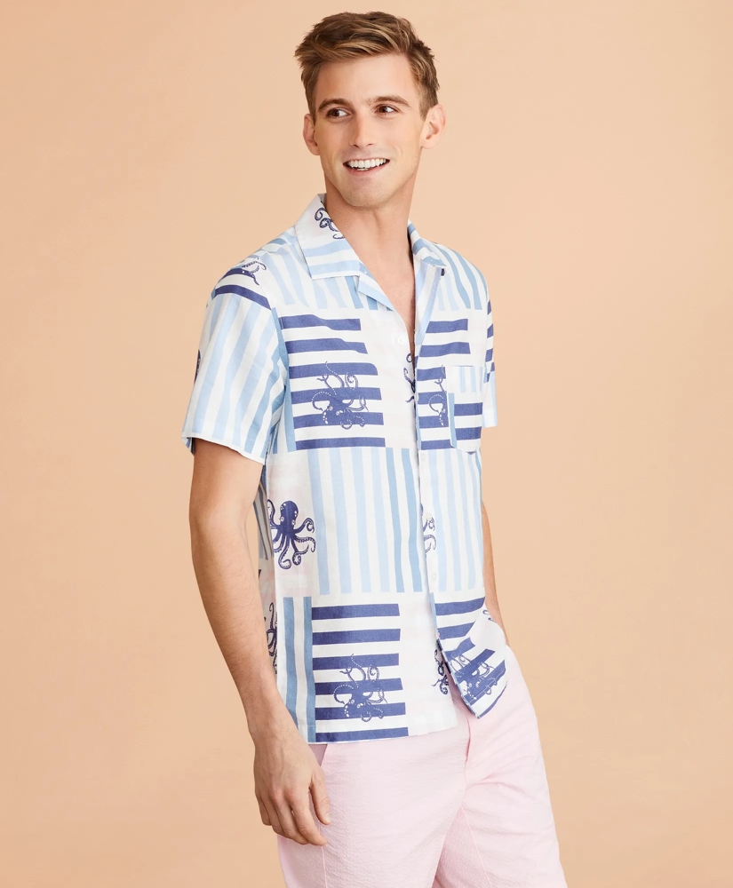 Octopus-Print Linen-Cotton Camp Collar Short-Sleeve Shirt, image 4