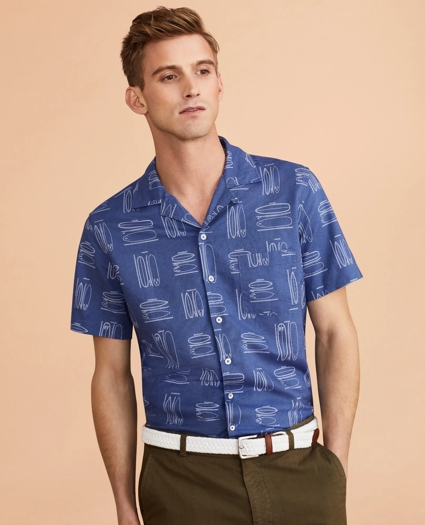Surfboard-Print Linen-Cotton Camp Collar Short-Sleeve Shirt, image 2