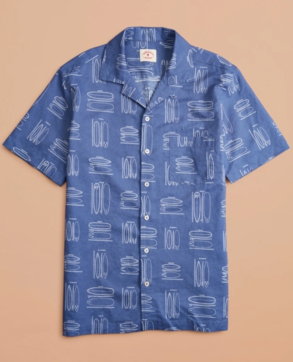 Surfboard-Print Linen-Cotton Camp Collar Short-Sleeve Shirt, image 4
