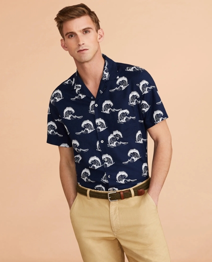 Wave-Print Linen-Cotton Camp Collar Short-Sleeve Shirt, image 1