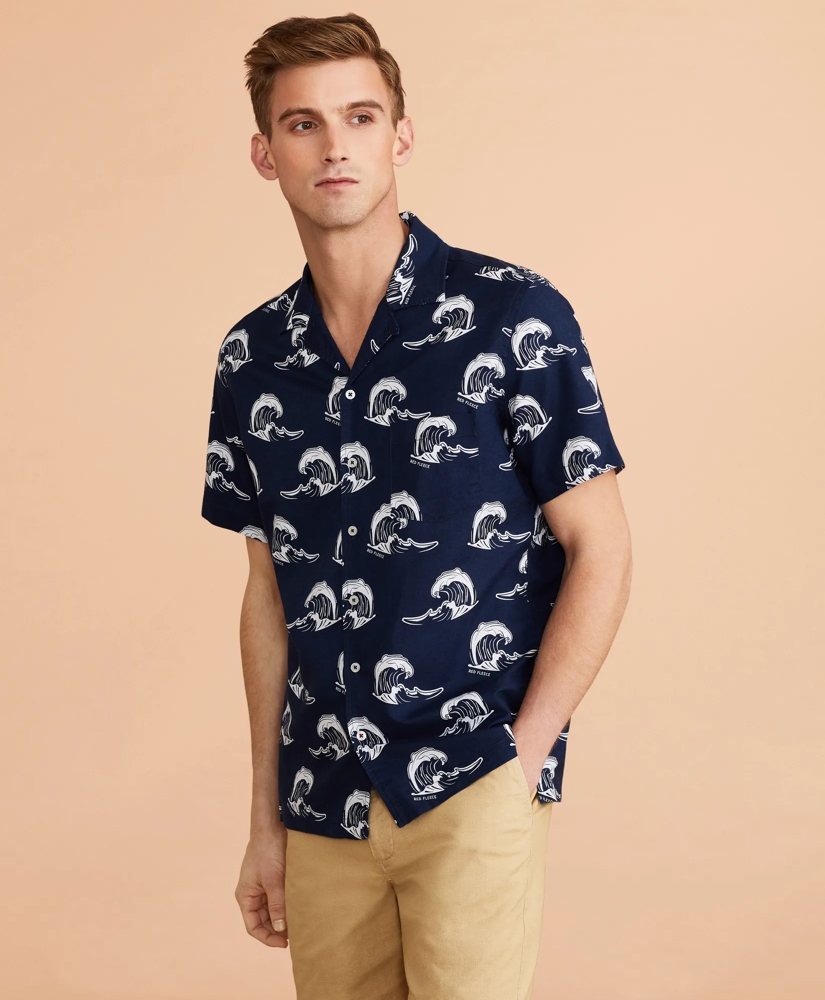 Wave-Print Linen-Cotton Camp Collar Short-Sleeve Shirt, image 2