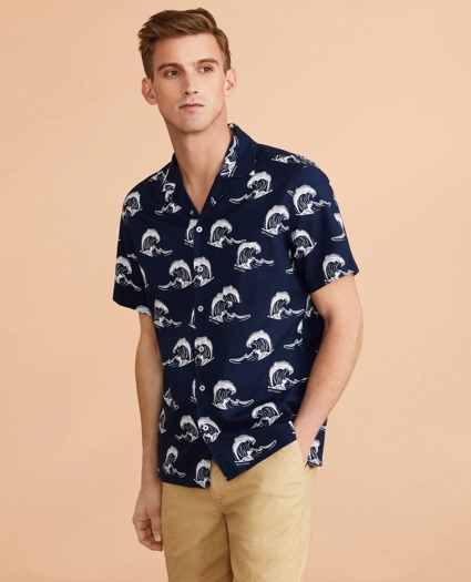 Wave-Print Linen-Cotton Camp Collar Short-Sleeve Shirt, image 2