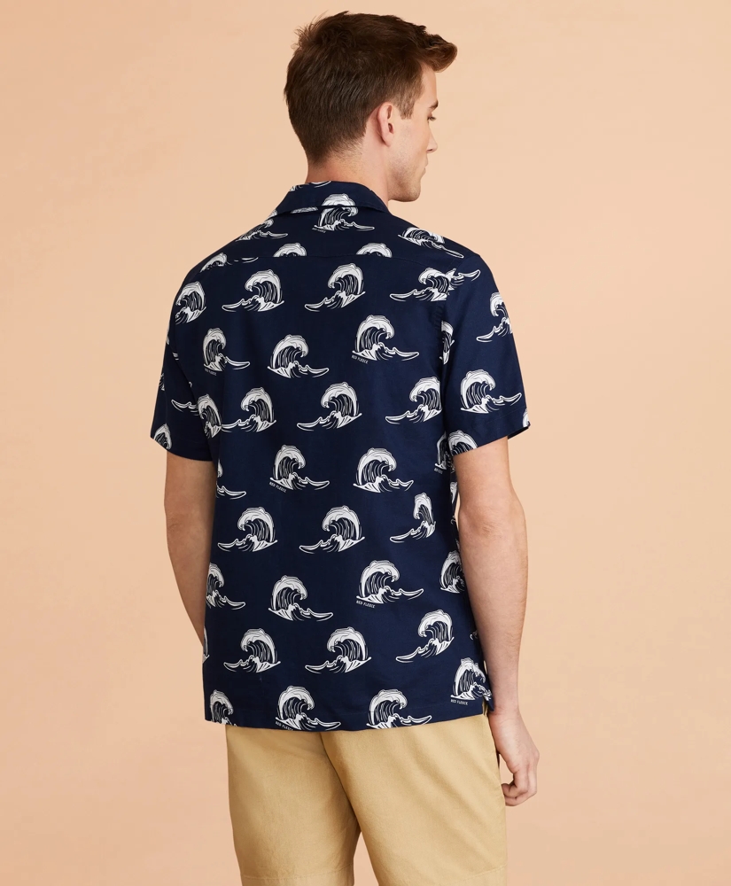 Wave-Print Linen-Cotton Camp Collar Short-Sleeve Shirt, image 3