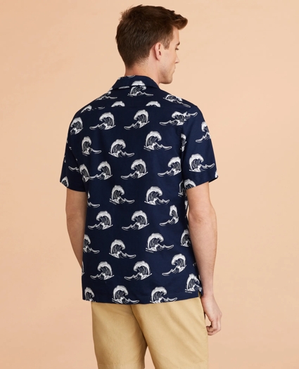 Wave-Print Linen-Cotton Camp Collar Short-Sleeve Shirt, image 3