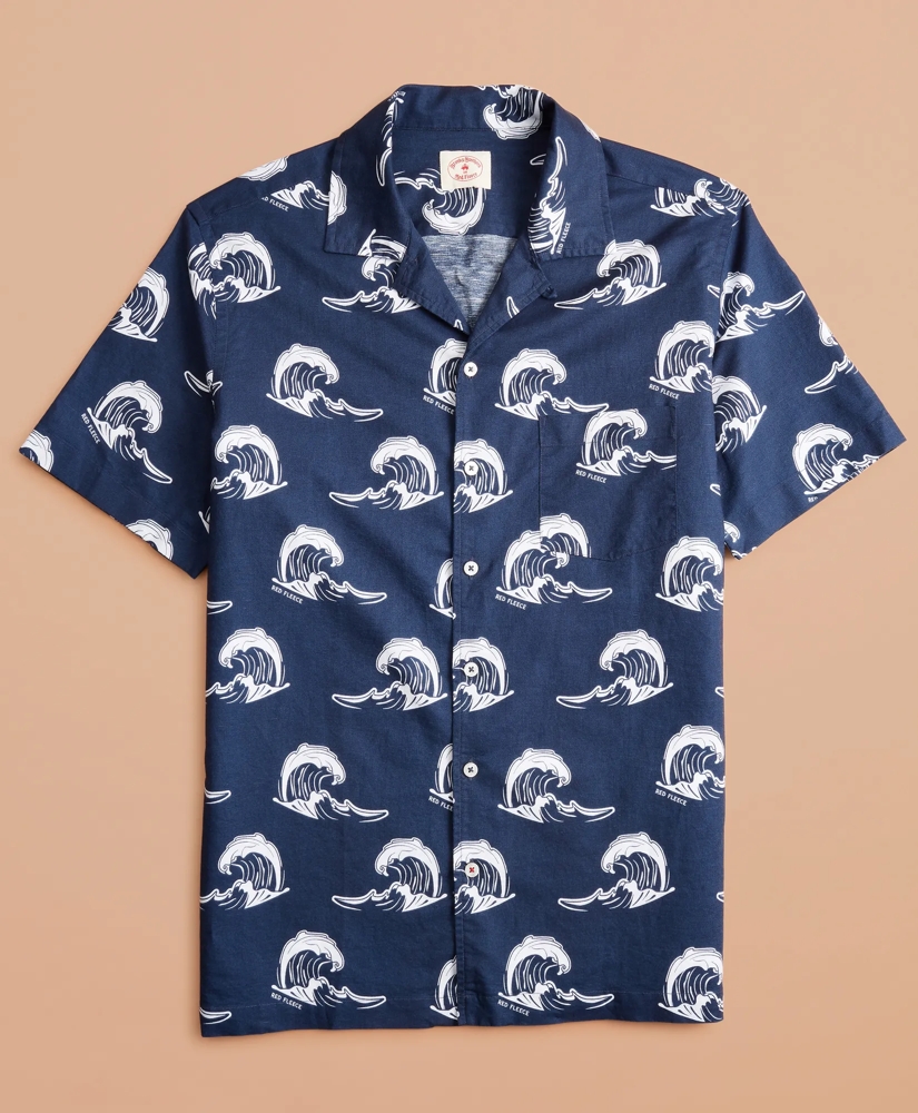 Wave-Print Linen-Cotton Camp Collar Short-Sleeve Shirt, image 4