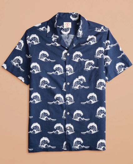 Wave-Print Linen-Cotton Camp Collar Short-Sleeve Shirt, image 4