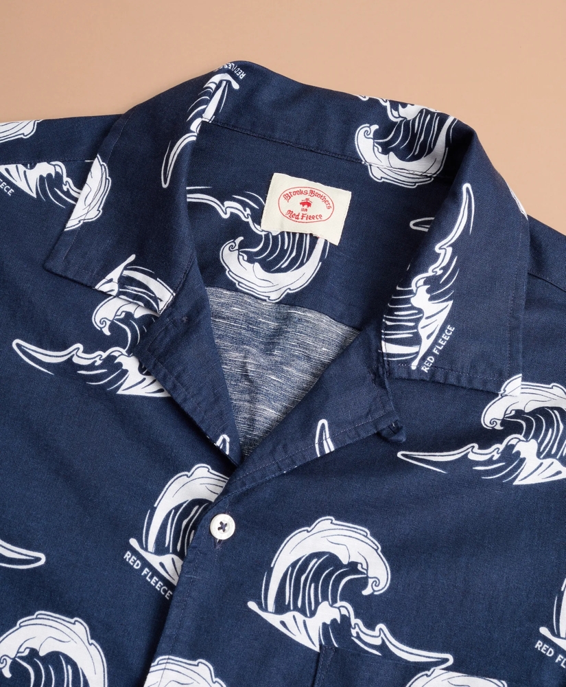 Wave-Print Linen-Cotton Camp Collar Short-Sleeve Shirt, image 5