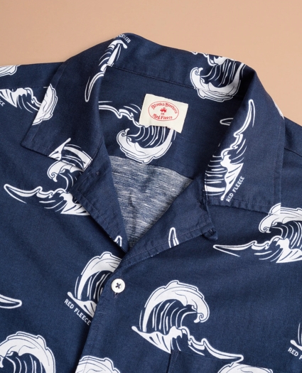 Wave-Print Linen-Cotton Camp Collar Short-Sleeve Shirt, image 5