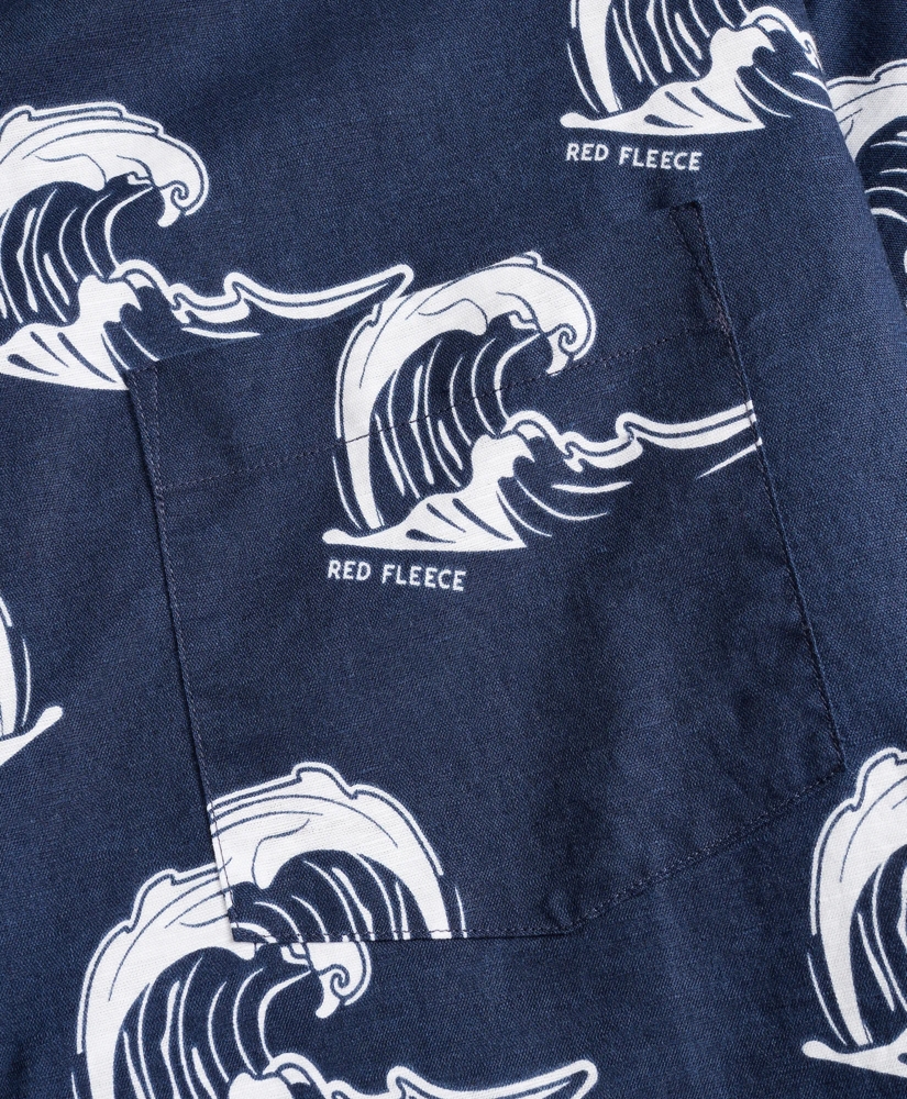 Wave-Print Linen-Cotton Camp Collar Short-Sleeve Shirt, image 6