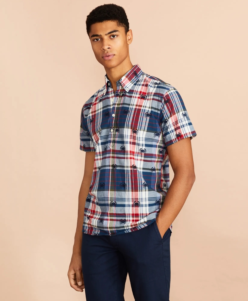 Crab-Print Madras Popover Shirt Short-Sleeve, image 2