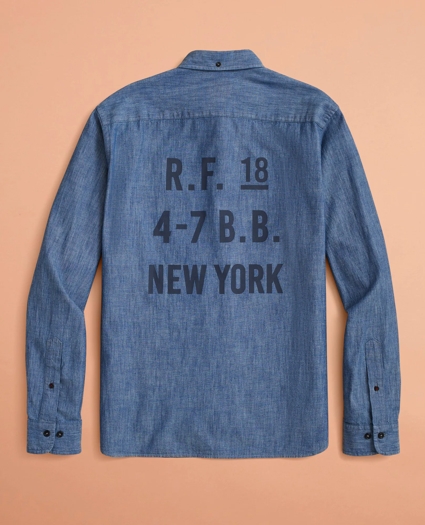 Indigo Red Fleece Printed Chambray Shirt, image 3
