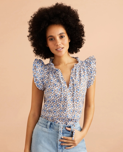 Floral Print Cotton Poplin Ruffled Blouse, image 1